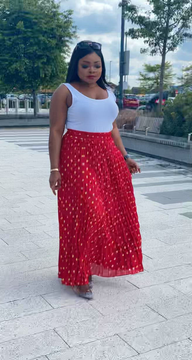Bardot Maxi Pleated Skirt With Elasticated Waistband-Red