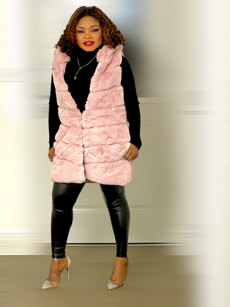 Box Cut Sleeveless Faux Fur Gilet With Hoodie-MLH - MLH Online