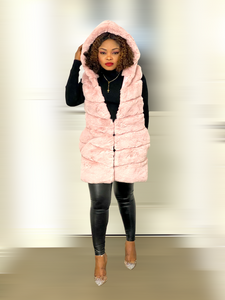 Box Cut Sleeveless Faux Fur Gilet With Hoodie-MLH - MLH Online