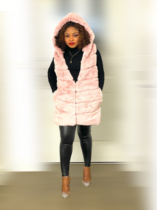 Box Cut Sleeveless Faux Fur Gilet With Hoodie-MLH - MLH Online