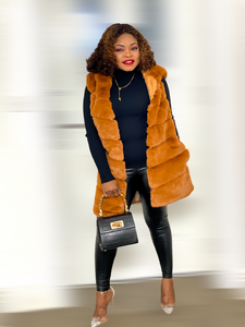 Box Cut Sleeveless Faux Fur Gilet With Hoodie-MLH - MLH Online