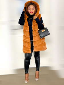 Box Cut Sleeveless Faux Fur Gilet With Hoodie-MLH - camel / L/XL -(UK 14/16) - MLH Online