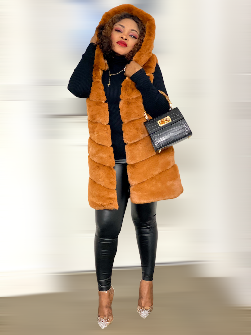 Box Cut Sleeveless Faux Fur Gilet With Hoodie-MLH - camel / S/M (UK10/12) - MLH Online