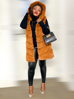 Load image into Gallery viewer, Box Cut Sleeveless Faux Fur Gilet With Hoodie-MLH - camel / S/M (UK10/12) - MLH Online
