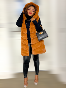 Box Cut Sleeveless Faux Fur Gilet With Hoodie-MLH - MLH Online