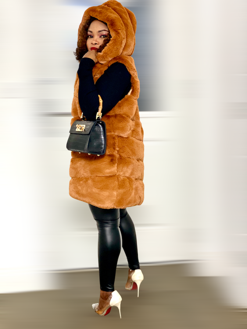 Box Cut Sleeveless Faux Fur Gilet With Hoodie-MLH - MLH Online