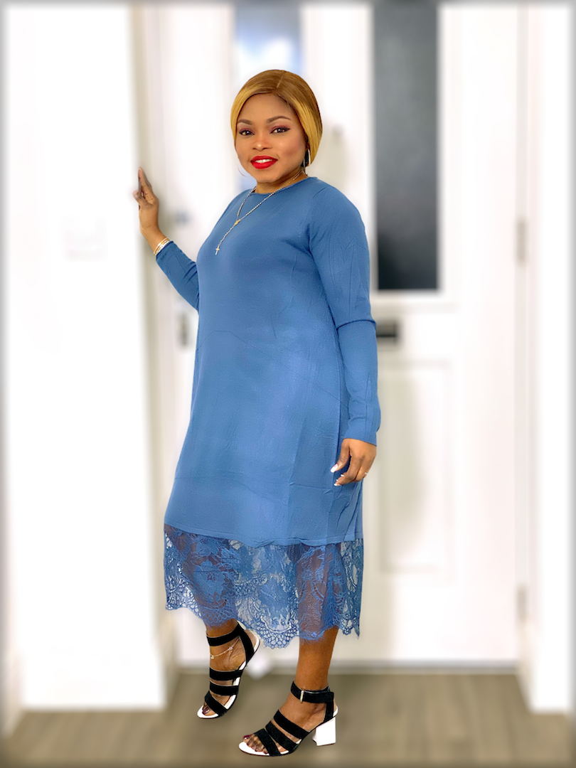 Cassandra Long Sleeve Dress With Lace Details - L/XL -UK 14/16 / Blue - MLH Online