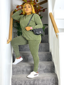 Acid Wash Two Piece Matching Set - Olive Green / M / Long Sleeves - MLH Online