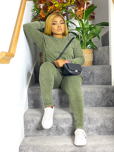 Acid Wash Two Piece Matching Set - Olive Green / S / Long Sleeves - MLH Online
