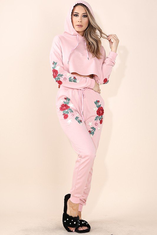 Embroidered Hoodie Pullover Top and Jogger Set - Blush / Small - MLH Online