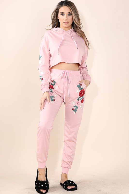 Embroidered Hoodie Pullover Top and Jogger Set - MLH Online