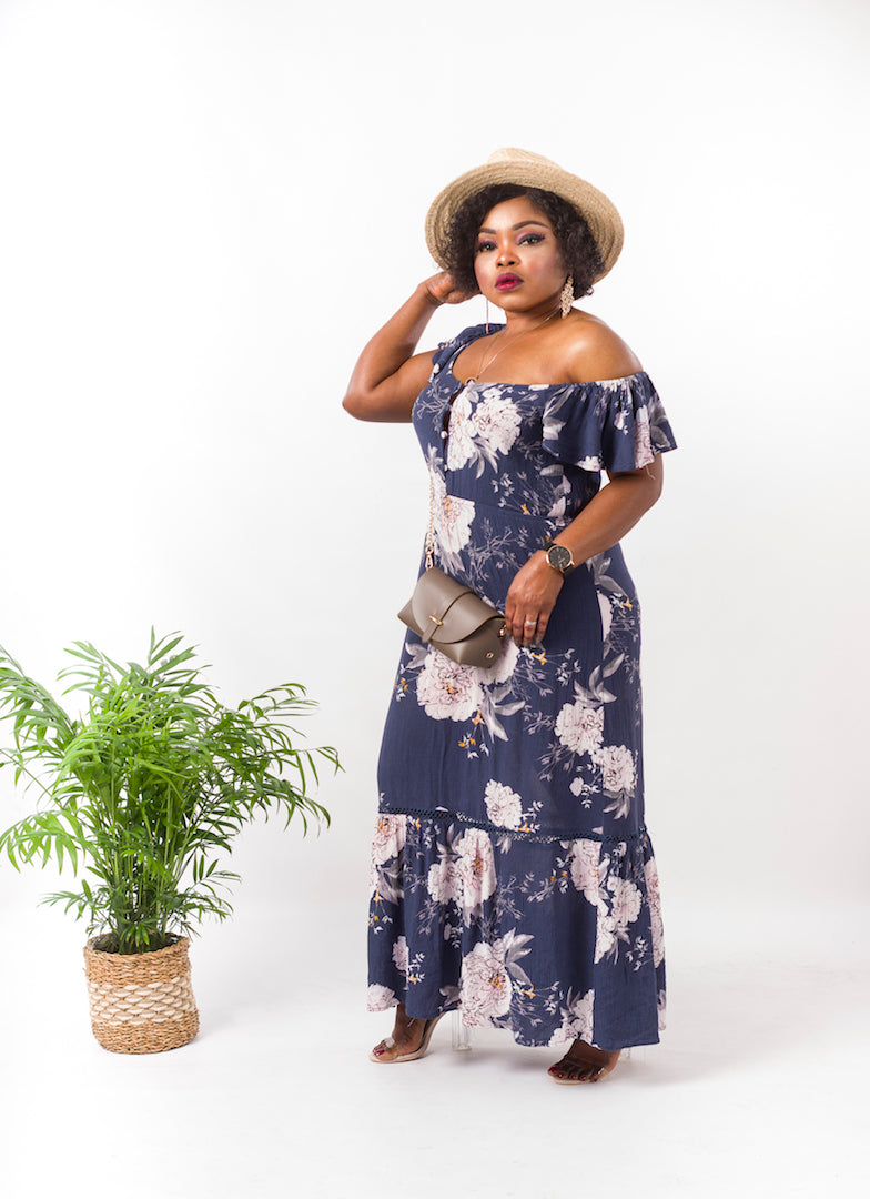 Off Shoulder Floral Print Long Dress - Medium / Blue - MLH Online