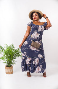 Off Shoulder Floral Print Long Dress - Large / Blue - MLH Online