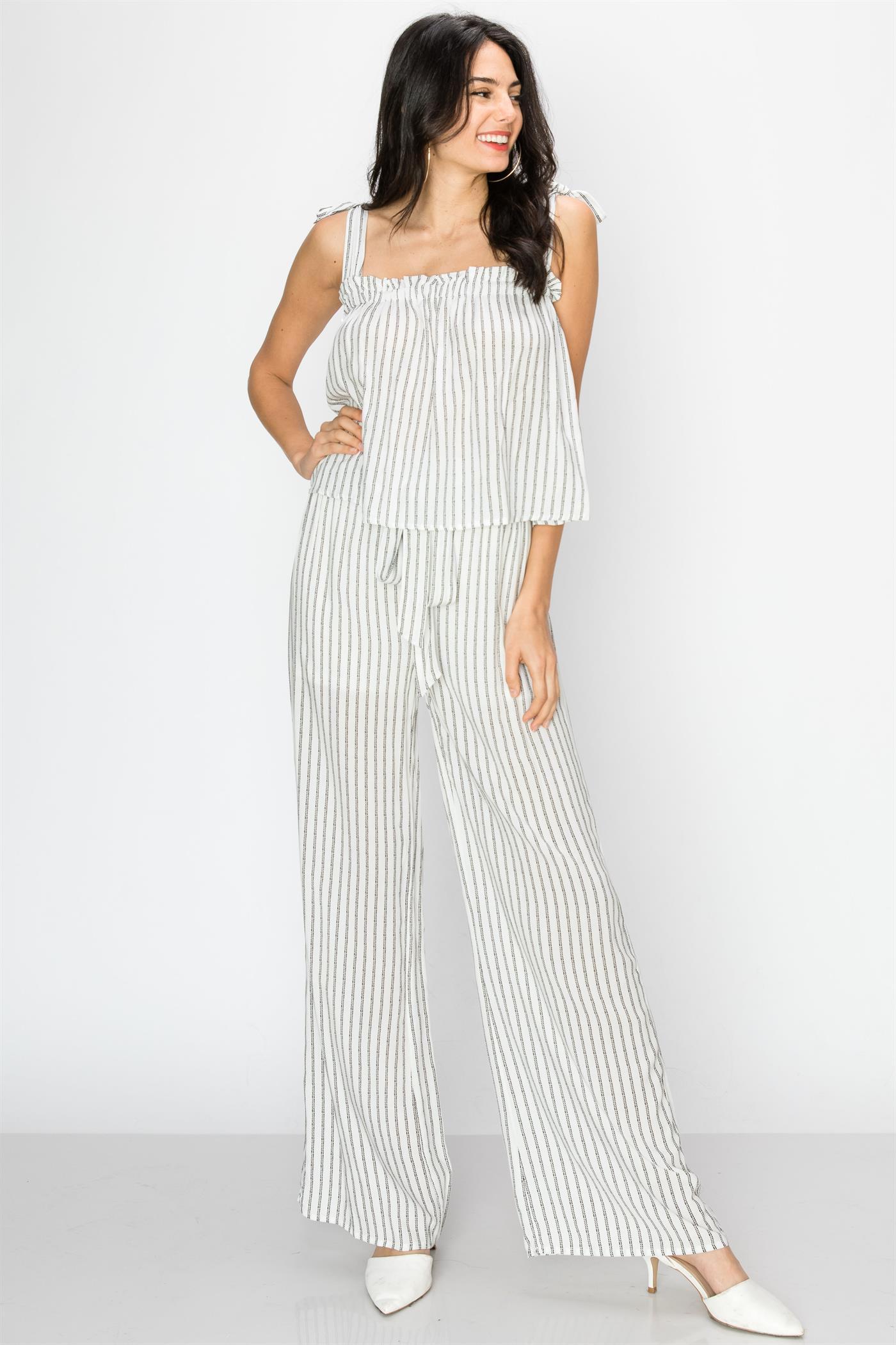 Mlh Tie Shoulder Top And Wide Leg Pant With Tie Waist 2 Piece Set - Off white / Large - MLH Online