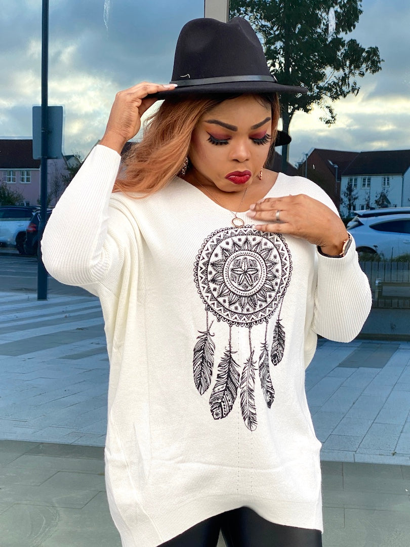 Stone Embellished Feather Print Jumper In White - MLH Online