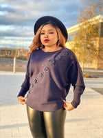 Load image into Gallery viewer, Jumper With Diagonal Stone Embellished Flower - Navy blue / L/XL -UK 18-22 - MLH Online
