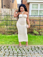 Load image into Gallery viewer, Ruched Bandeau Midi Dress - Cream / One size fits up to Large - MLH Online
