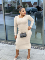 Load image into Gallery viewer, Body Con Button Knit Midi Dress -MLH - Biege / Fits up to UK 14 - MLH Online
