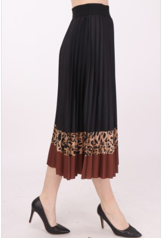 Tan Leopard Print High Waist Pleated Midi Skirt - Medium / Brown - MLH Online