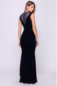 Velvet Stone Embellished Evening Dress - Blue - MLH Online