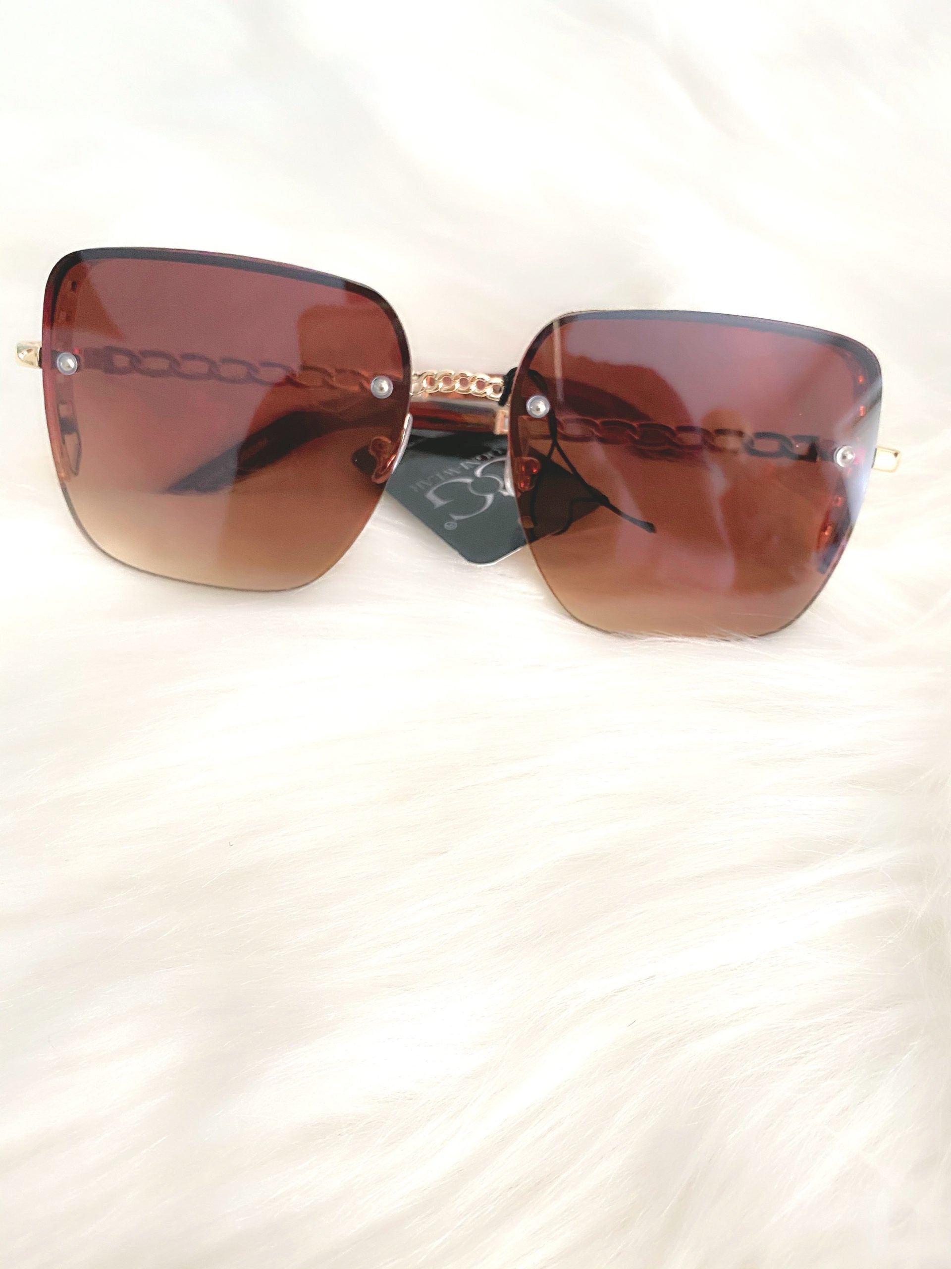 Chain Detail Temple Fashion Square Sunglasses- MLH - Brown / one size - MLH Online