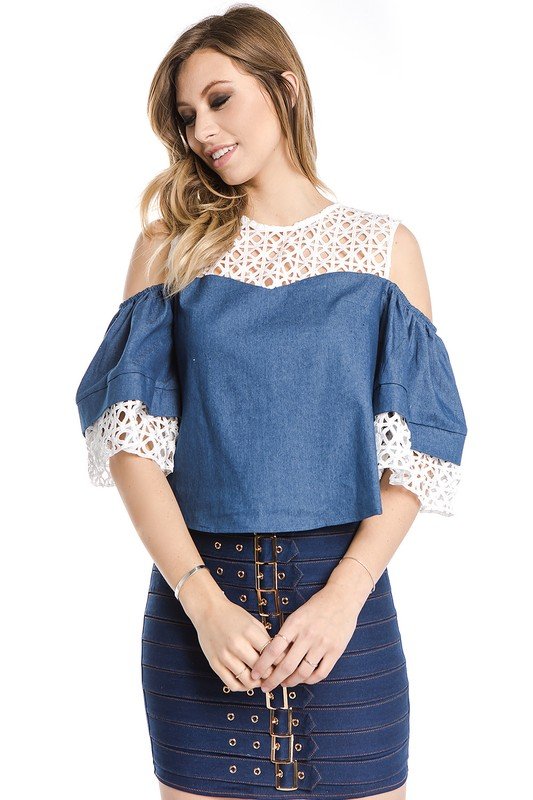 Chambray Top With Crochet Contrast - Blue / Large - MLH Online