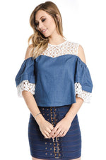 Load image into Gallery viewer, Chambray Top With Crochet Contrast - Blue / Large - MLH Online
