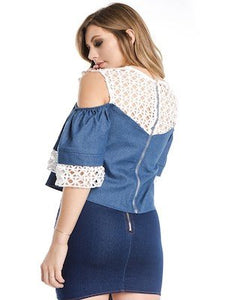 Chambray Top With Crochet Contrast - Blue / Medium - MLH Online
