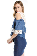 Load image into Gallery viewer, Chambray Top With Crochet Contrast - MLH Online
