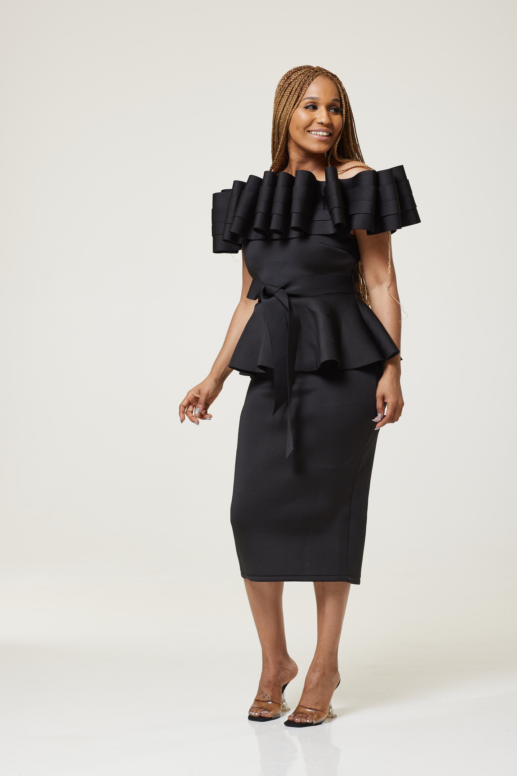 Sofia Pleat Bodycon Dress With Peplum - Black / S (UK 10) - MLH Online