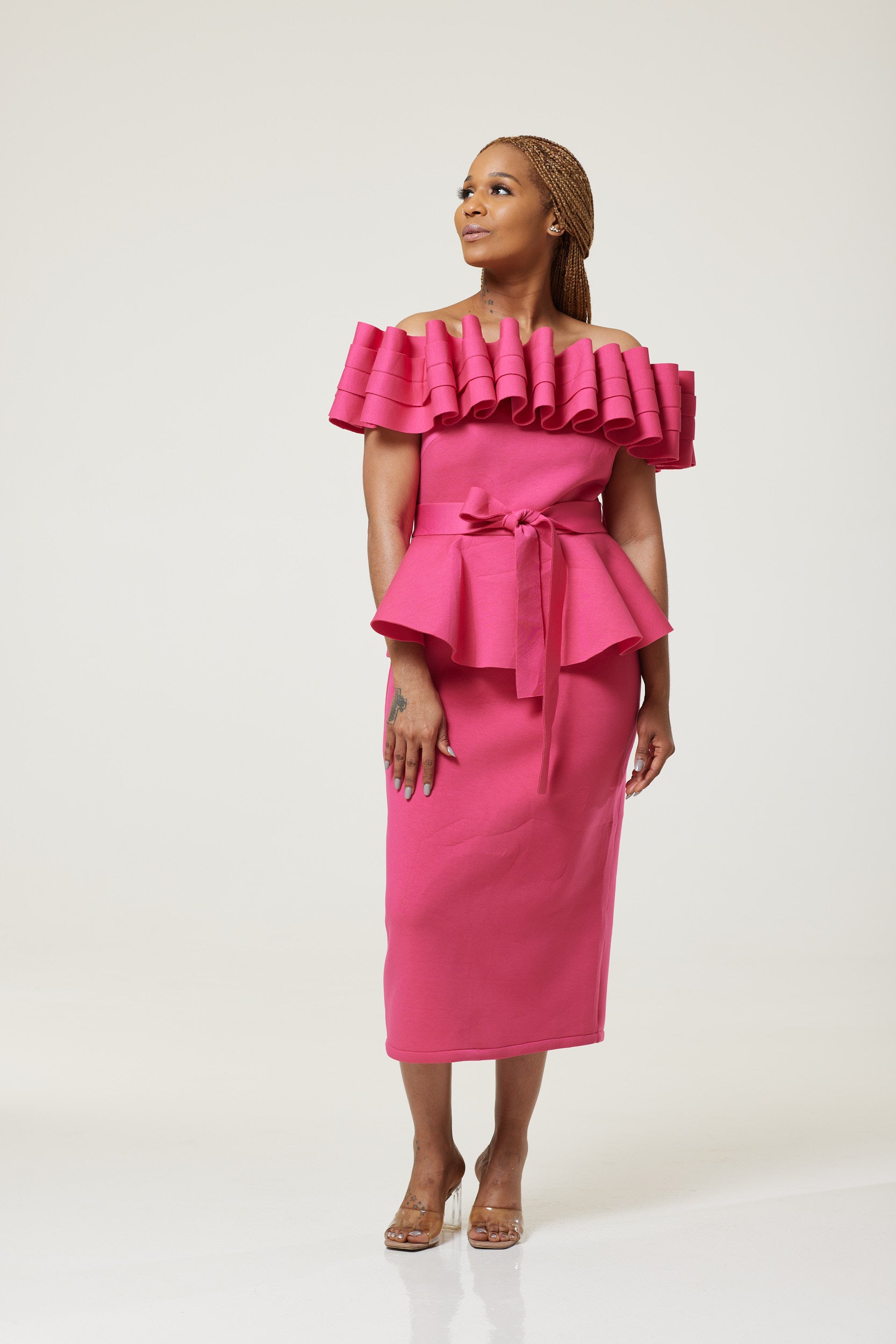 Sofia Pleat Bodycon Dress With Peplum - Fuschia Pink / L (UK 14) - MLH Online