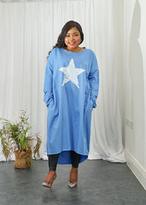 Star Print Dipped Hem Cotton Dress - Blue / One size-UK 12-18 - MLH Online