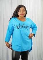 Load image into Gallery viewer, Weekend Enjoy My Life Print V-Neck Top - Turquoise Blue / UK 10-16 - MLH Online
