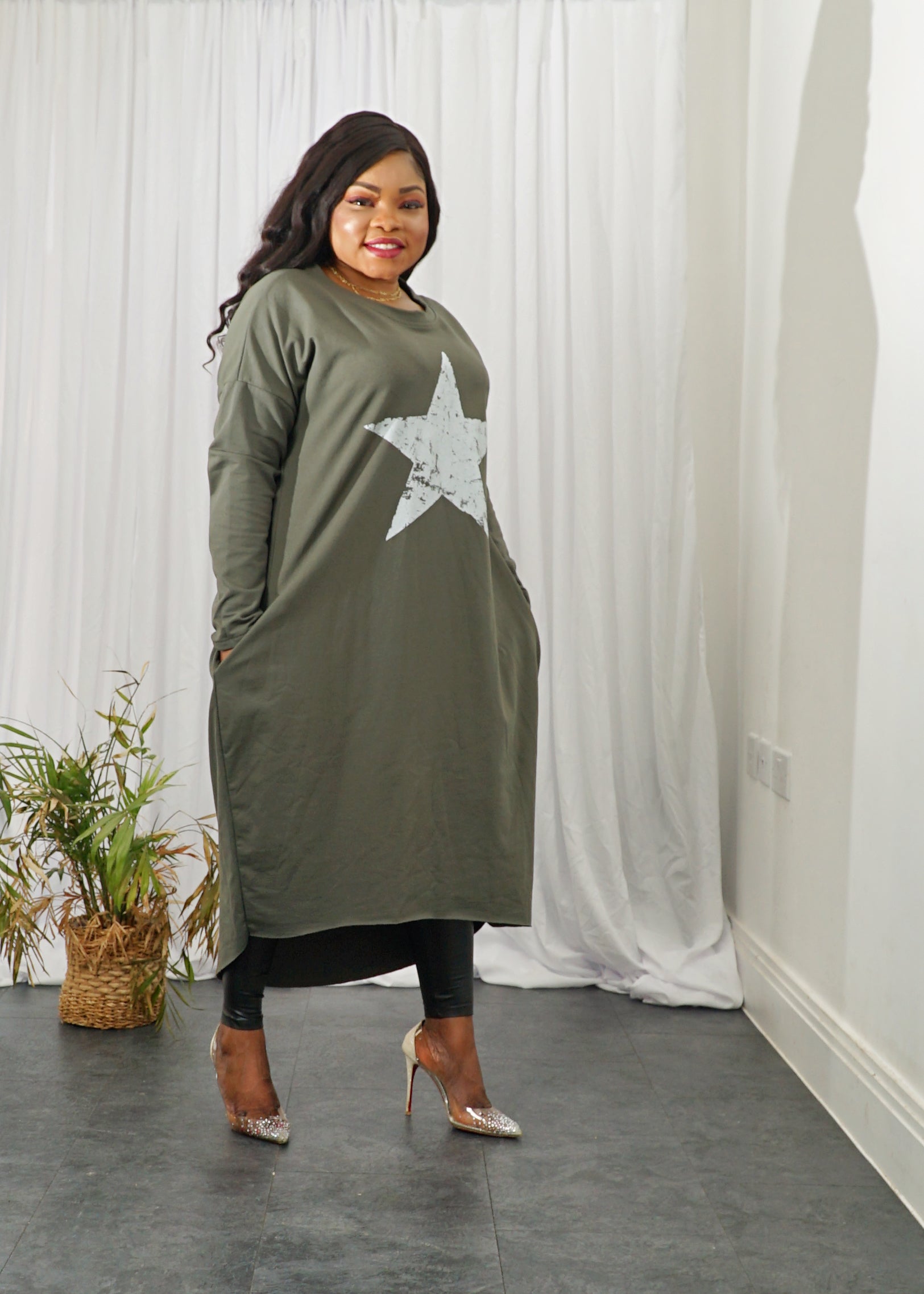 Star Print Dipped Hem Cotton Dress - Khaki / One size-UK 12-18 - MLH Online