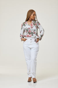 Alecia Long Sleeve Floral Wrap Top - White / XS-UK 8 - MLH Online
