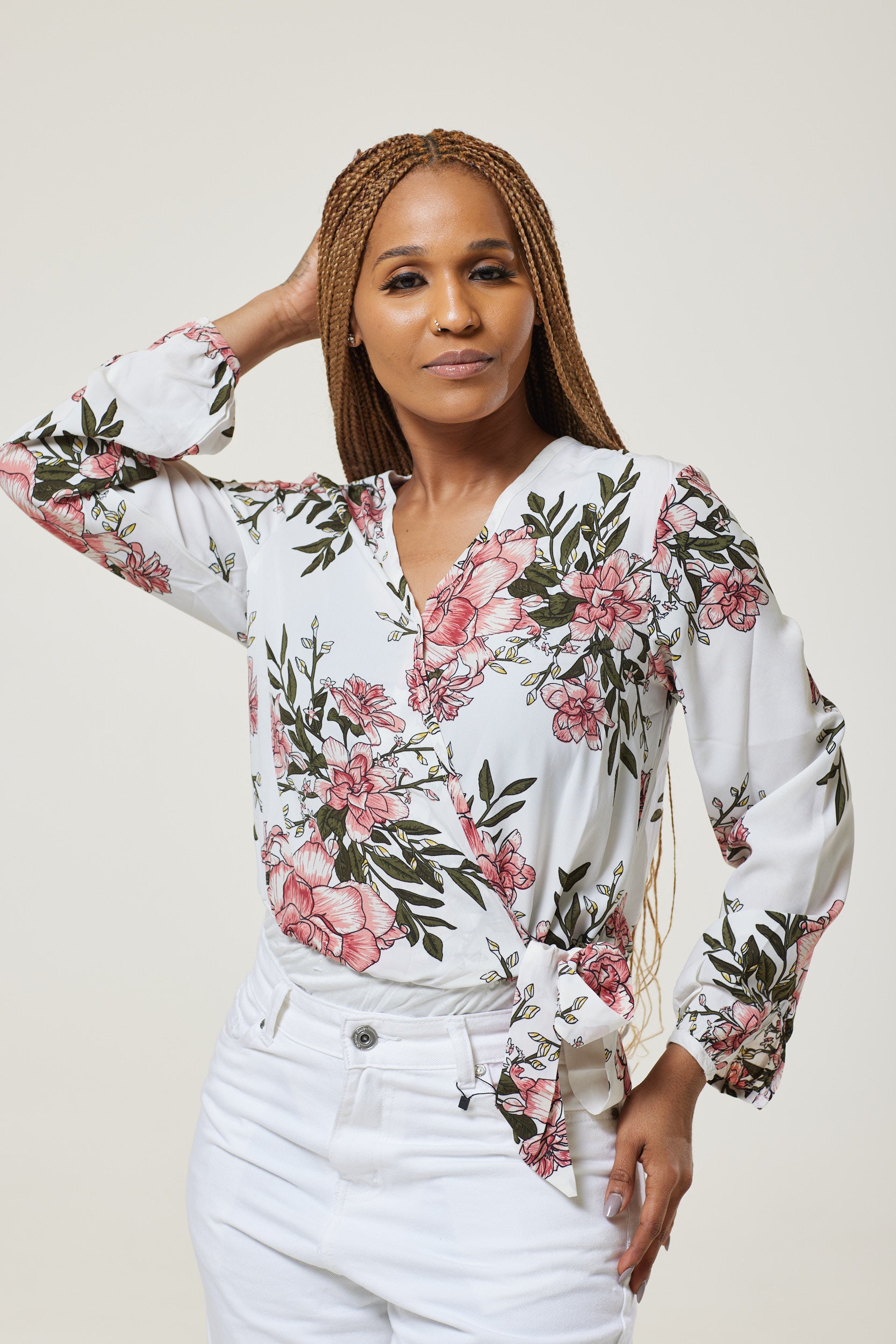 Alecia Long Sleeve Floral Wrap Top - White / Large (UK 14) - MLH Online