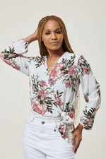 Load image into Gallery viewer, Alecia Long Sleeve Floral Wrap Top - White / Large (UK 14) - MLH Online
