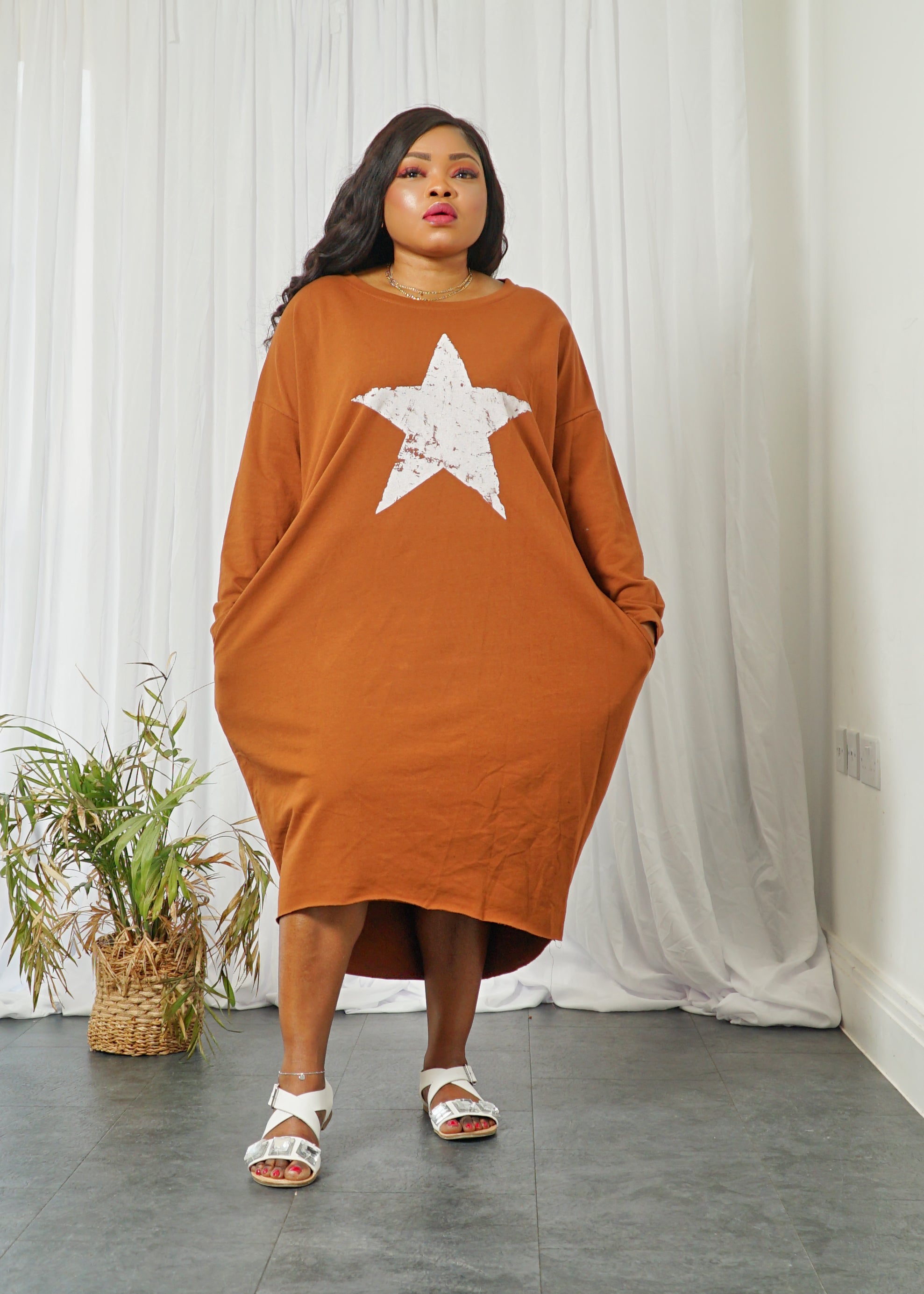 Star Print Dipped Hem Cotton Dress - MLH Online
