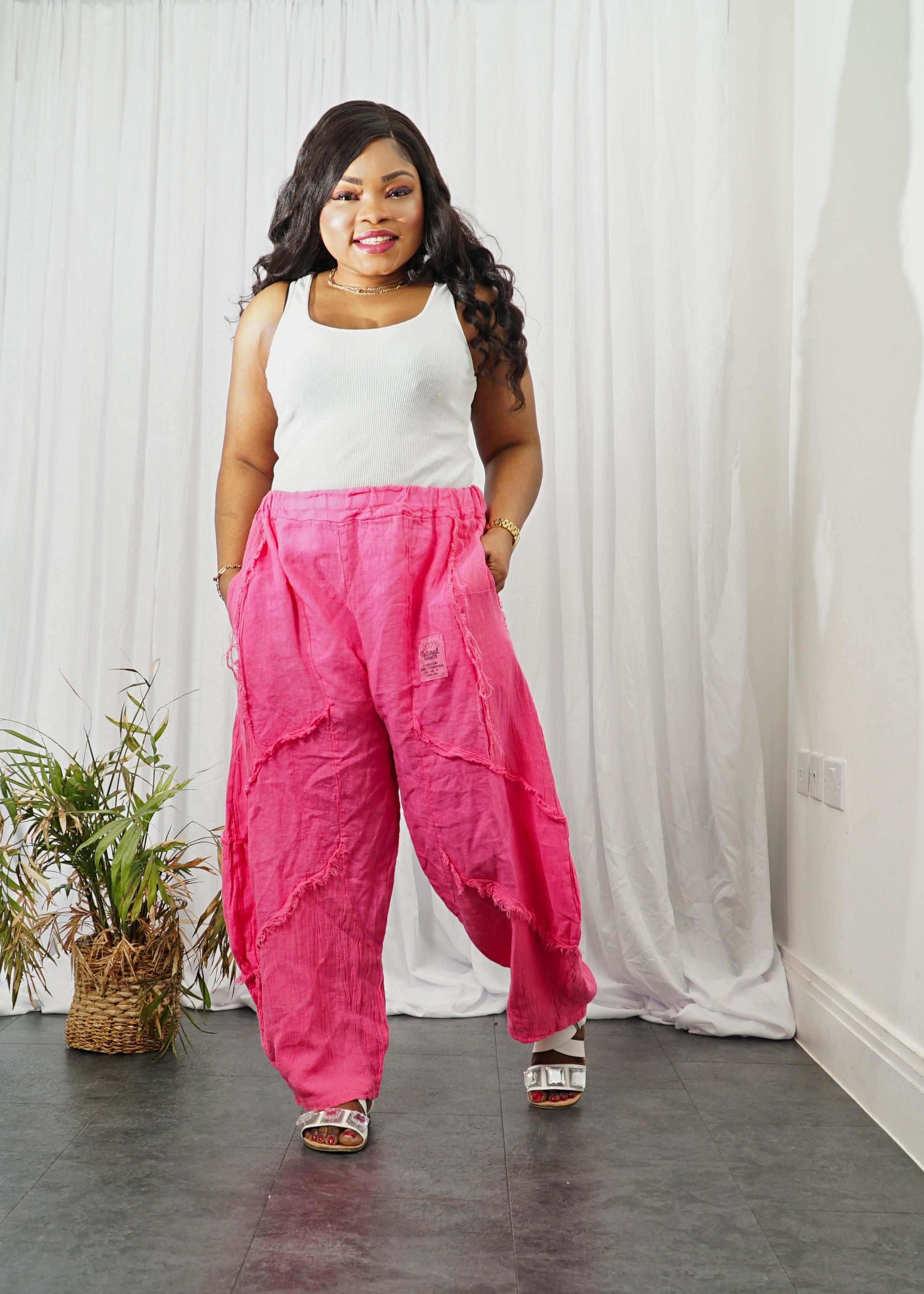 Cortina Patches Plain Linen Slouchy Trouser - Fuschia Pink / One size: UK 12-18 - MLH Online