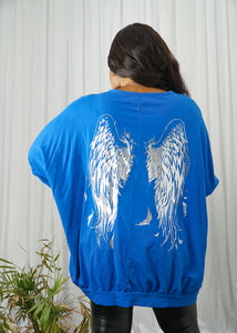 Shimmery Angel Wing Print Cotton Baggy Top - Royal Blue / UK 10-18 - MLH Online