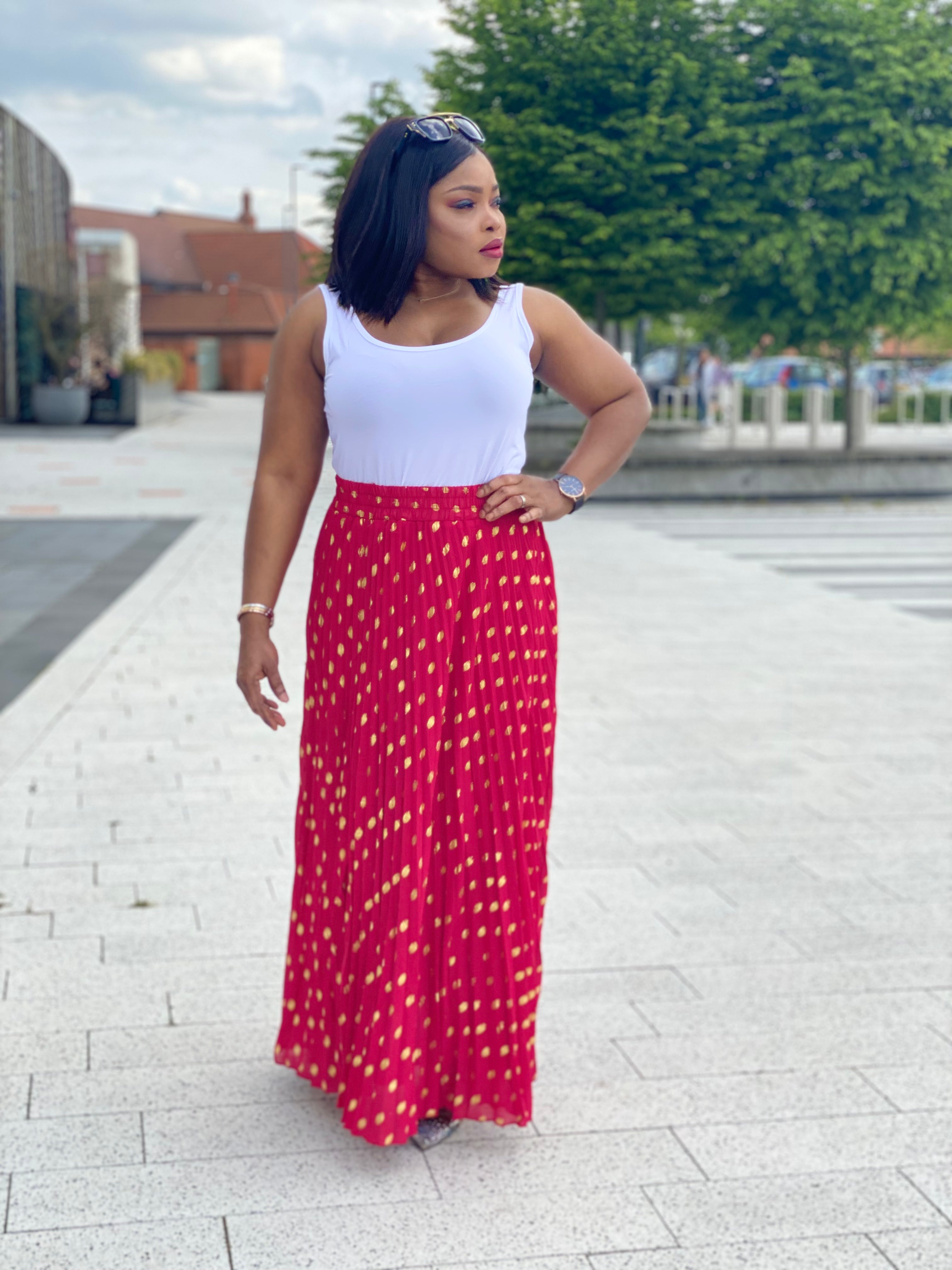 Red long skirt 2024 outfit